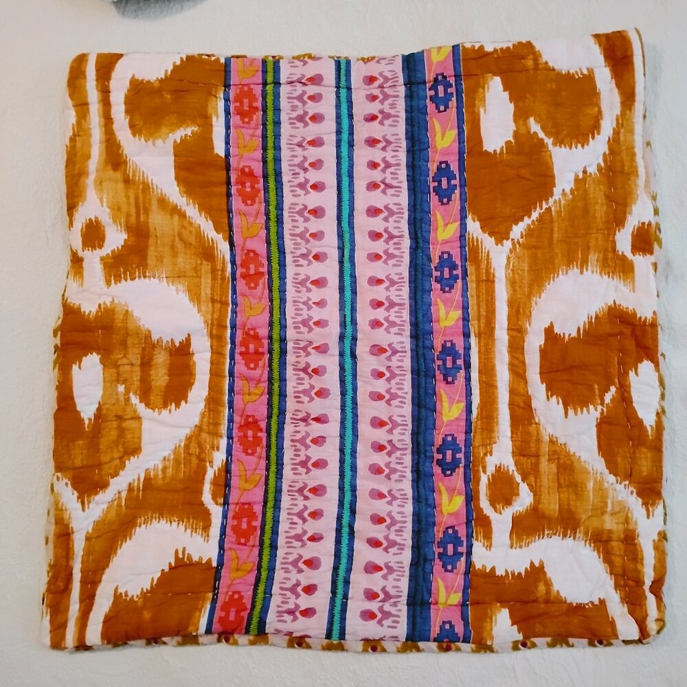 Anthropologie Kemali Quilt Pillow Sham Euro 26" Quilted Ikat Block Print Orange